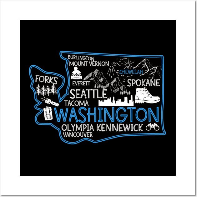 Washington Chewelah Cute Map Tacoma Kennewick Forks Spokane cute travel design Wall Art by BoogieCreates